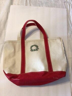 L.L. Bean Ivory and Red  Canvas Boat and Tote with embroidered Christmas wreath